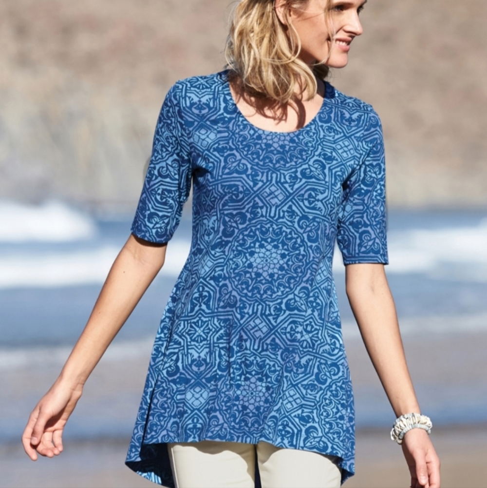 NWOT Peruvian Connection Tilework Tunic 1/2 Sleeve Abstract Top Size XS